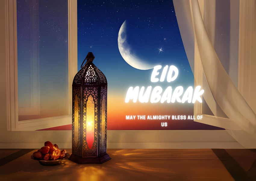 Eid Mubarak Photos Islamic Lamp and Beautiful Moon